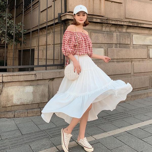 

skirts women's elegant solid color midi long skirt female high waist ruffled chiffon white tiered a-line saias 2021 summer sk729, Black