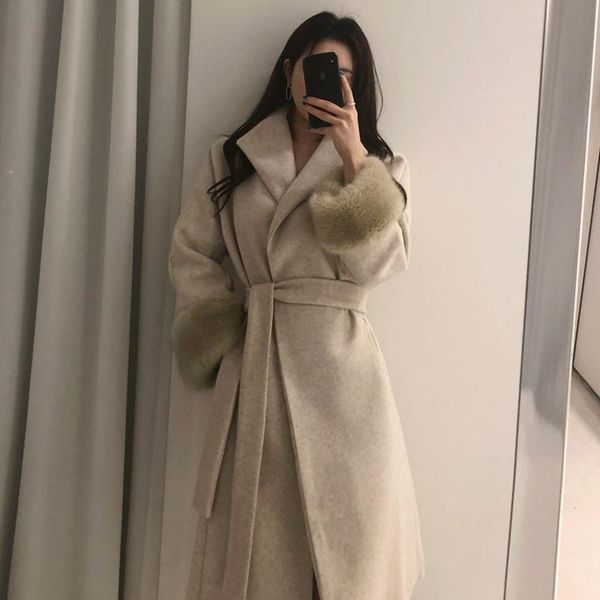 

women's wool & blends [ewq] woolen coat women middle long over the knee lace v-neck collar solid overcoat casual fashion tide 2021 wint, Black