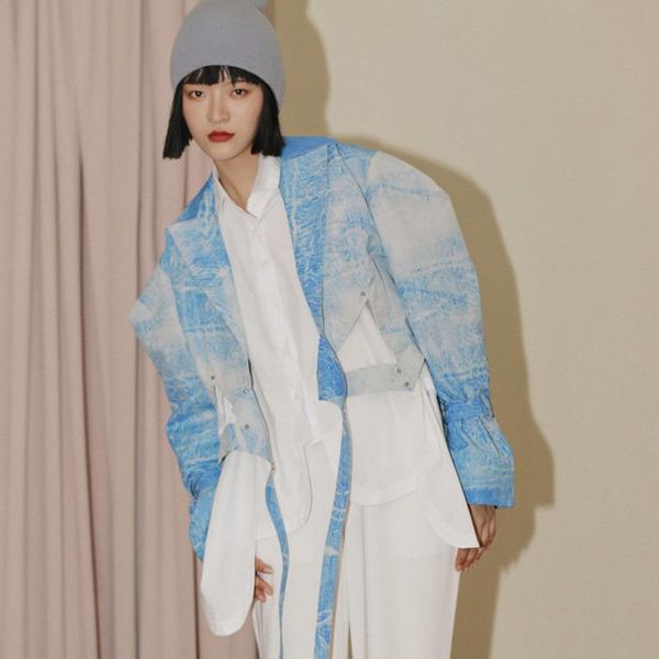 

women's jackets [ewq] korea chic women lapel casual long sleeve print hollow out lace up waist short jacket coats female tide 2021 16e2, Black;brown