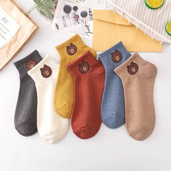 

new solid color cartoon bear cotton short sock shallow mouth absorb sweat breathable comfortable women short sock hosiery, Black;white