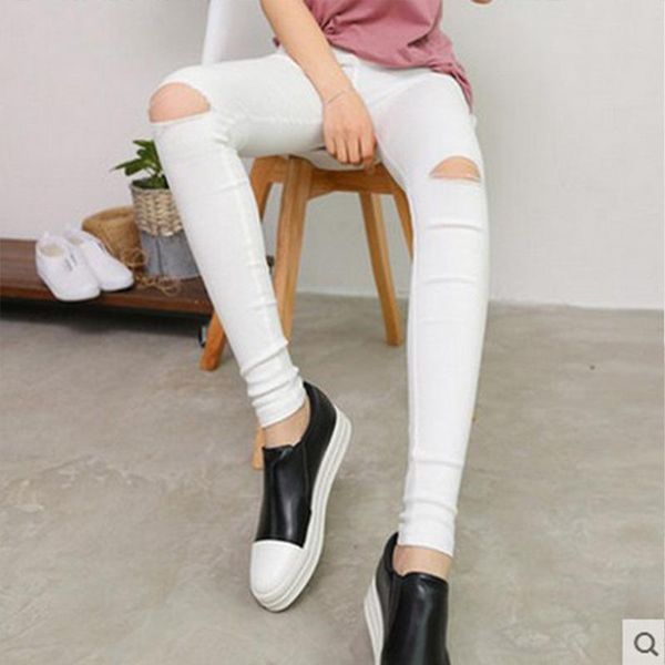 

new 2021 teenagers girls korean style ripped leggings women's thin trousers feet pants pencil pants women's pantalones, Black;white