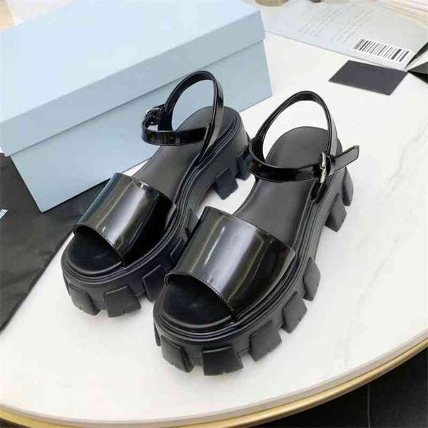 

leather women brushed sandals buckle strap platform shoes 50 mm rubber sole chunky slippers designers flat slides flip flops nylon bands, Black
