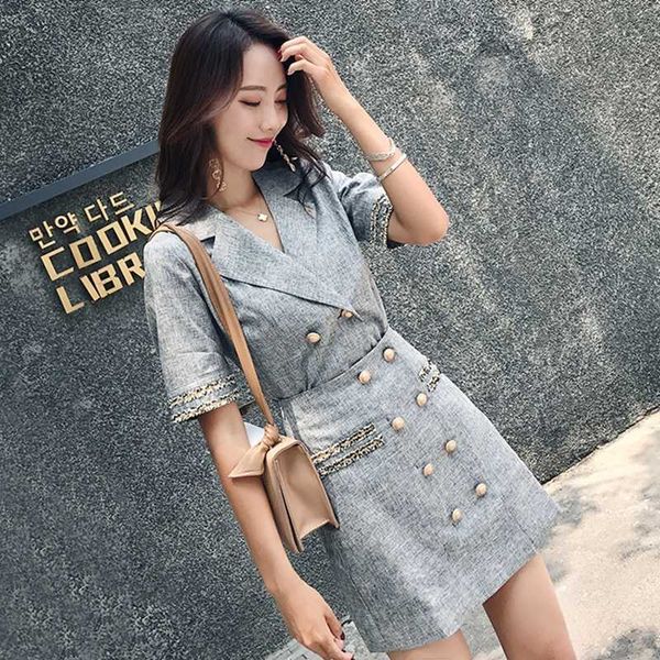 

summer double breasted notched collar blazer coat +high waist a-line skirt two piece women set office lady 2pcs suit 210529, White