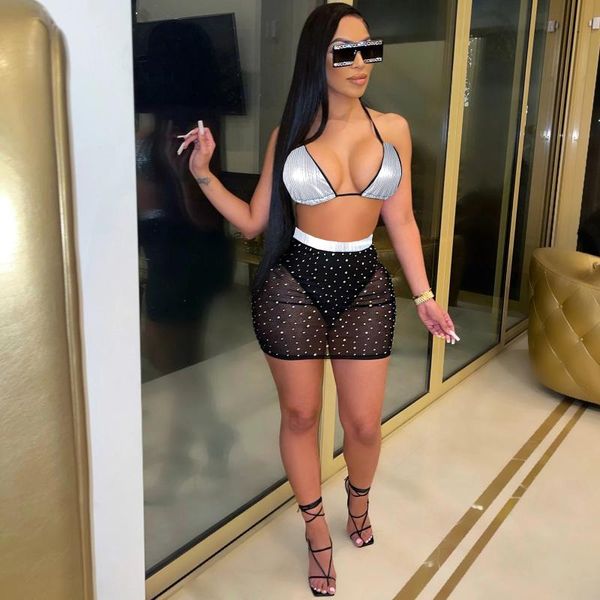 

women's swimwear itranyee 2 pcs bikini set swimsuit halter neck women bling luxury sequins mesh skirts beachwear monokini glitter brazi, White;black