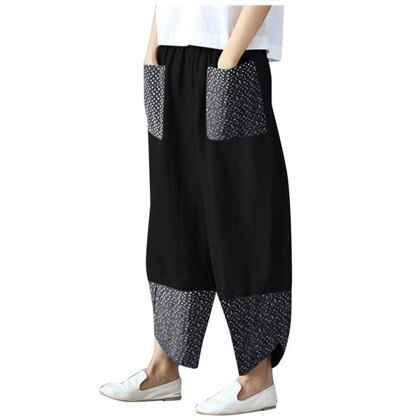 

women's pants & capris wide leg women casual cotton linen print patchwork irregular loose street fashion style trousers pantalon femme, Black;white