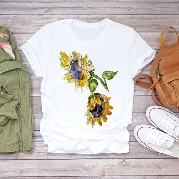 

women watercolor sunflower floral short sleeve 90s lady print t-shirts t shirt ladies womens graphic female tee t-shirt, White