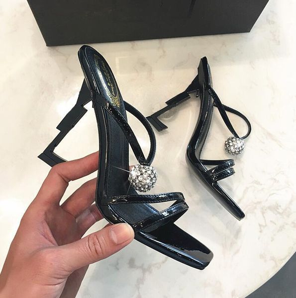 

slippers 2021 summer leather letter high heels women's stiletto fashion all-match rhinestone square toe open sandals 35-43, Black