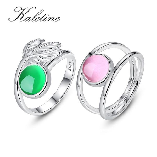 

cluster rings kaletine 925 sterling silver emerald for women leaf pink green z agate bizuteria retro jade gemstone ring, Golden;silver