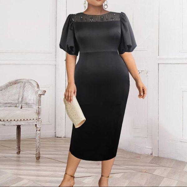 

plus size dresses 4xl 5xl elegant black curve lace stitching puff sleeve slim fit pencil dress vintage evening night outfits