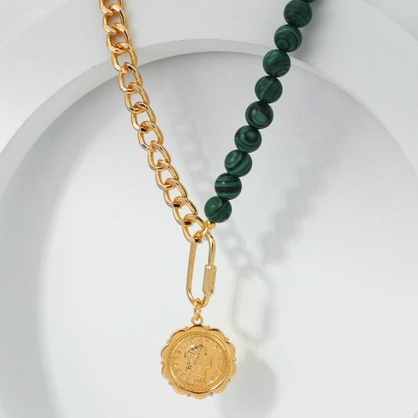 

aensoa vintage malachite alloy charm chains big coin pendant necklace bohemia green color stone necklace women accessories gift, Silver