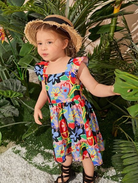 

toddler girls floral print butterfly sleeve ruffle hem dress she, Red;yellow