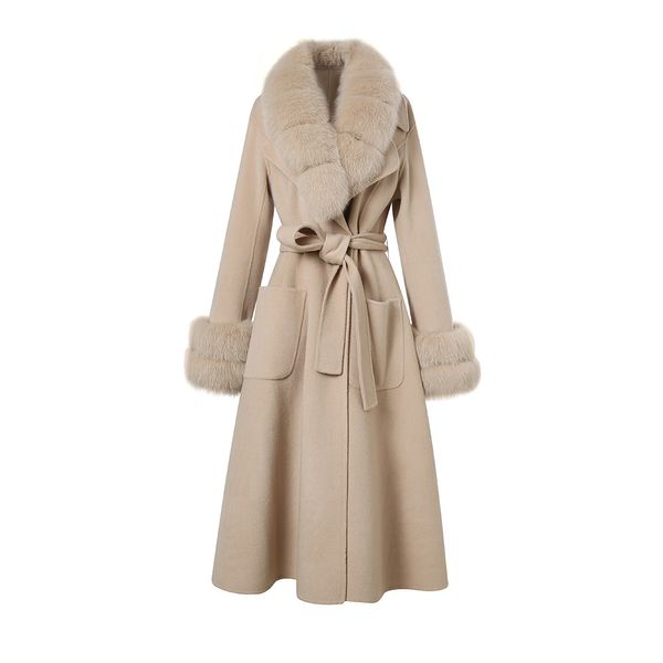 Womens Long Wood Coat Inverno Casacos de Pele Longa Luxo Destacável Fox Fluff Peles Trench Senhora Outerwear S3565