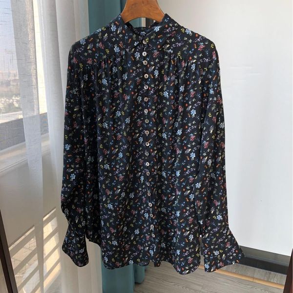 

2021 new 100% viscose primavera outono feminina gola giratria camisa flor impresso manga longa blusas e s com botes a9fl, Black