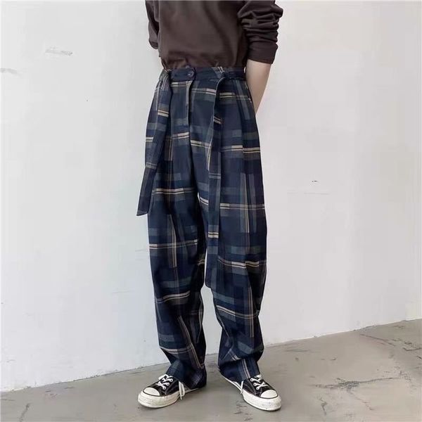 

2020 new men's winter trend casual loose binding plaid pants fashion, Black