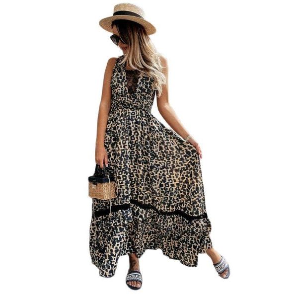 

casual dresses 2021 women printed leopard long dress holiday beach lace patchwork summer drop, Black;gray