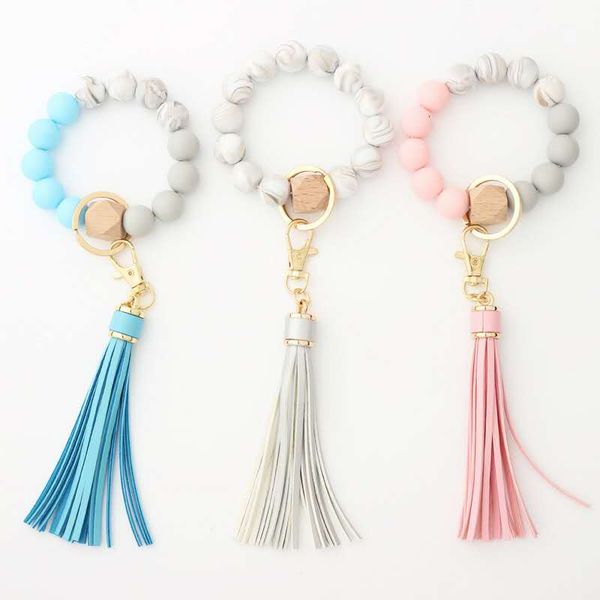 

fashion food grade silicone bead bracelet wrist keychain pendant anti-lost key ring, Golden;silver