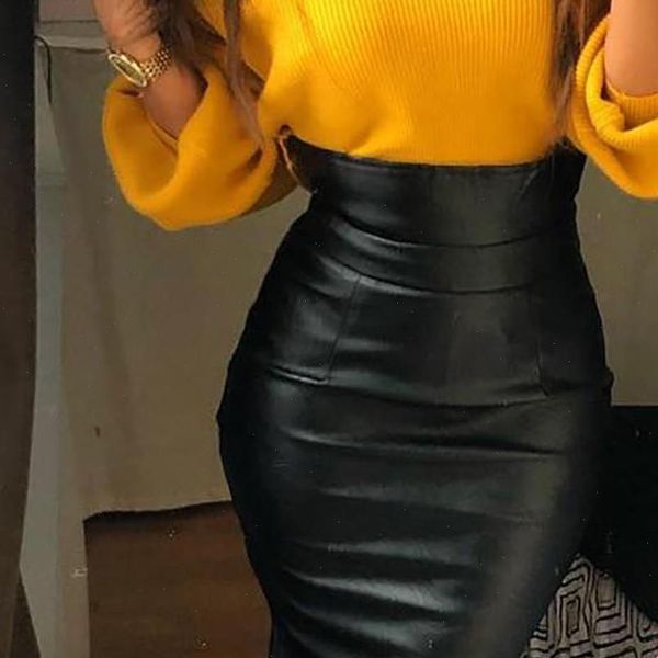 

black pu leather skirt women midi skirts high waist hip slit pencil skirt party plus size autumn winter clothes d2