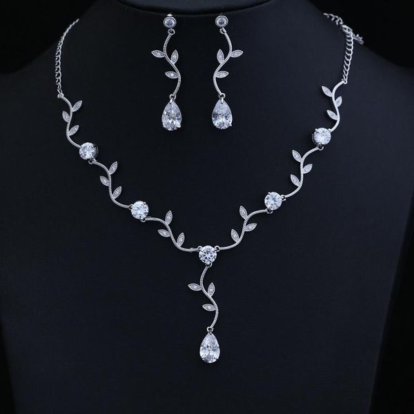 

luxury white gold-color elegant shape bridal cubic zirconia necklace earrings sets big wedding jewelry sets for women, Silver