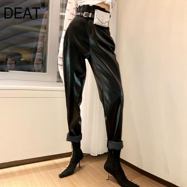 

women's pants & capris [deat] high waist pleated solid black leggings fashion mall goth y2k clothes harlan leather women 2021 spring gx, Black;white