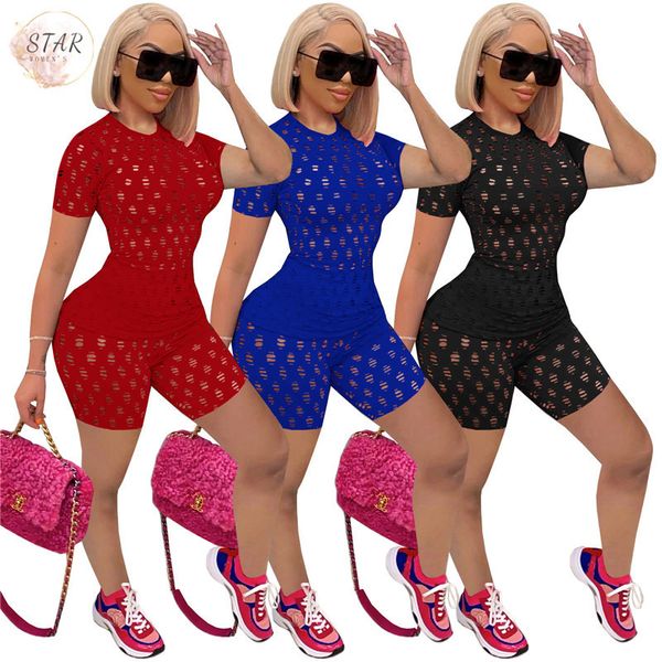 

2021 new two piece set women summer solid mesh see through hole tshirt and shorts club outfits streetwear wholesale dropshpping sf1, Gray
