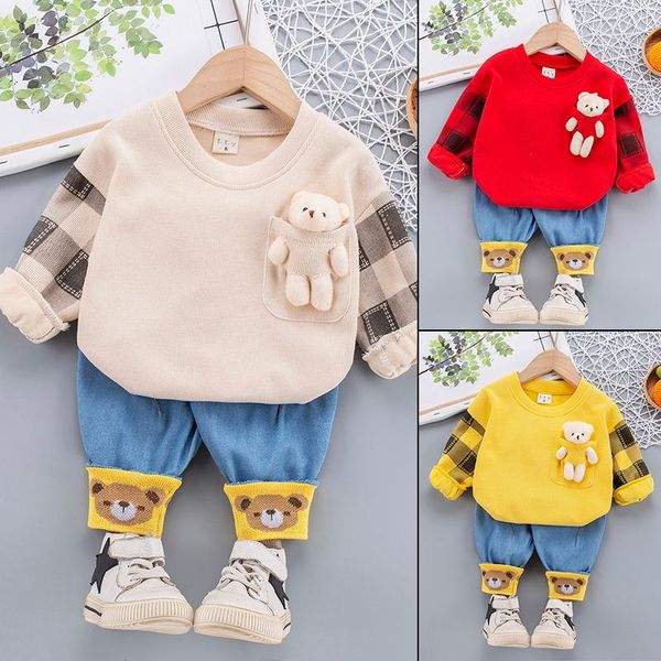 

clothing sets spring autumn baby children set for boys girls cartoon casual cotton jeans pant cute bear doll two-piece suit o-neck, White