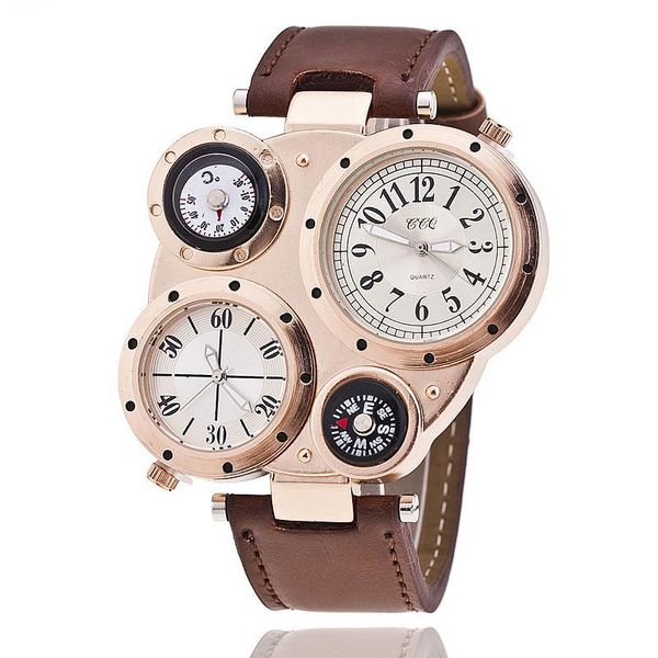 

wristwatches men digital creative male wrist watch sport brown leather strap compass men's quartz drop, Slivery;brown