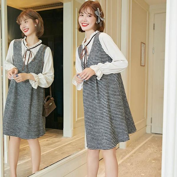 

maternity dresses clothes autumn style contrast color dress outer wear fashion freaky elegant loose skirt, White