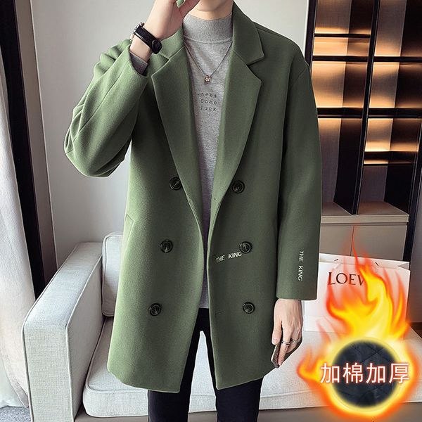 

2021 new autumn and winter men's mid-length double breasted solid casual style men turn-down collar woolen coat 1ty8, Tan;black