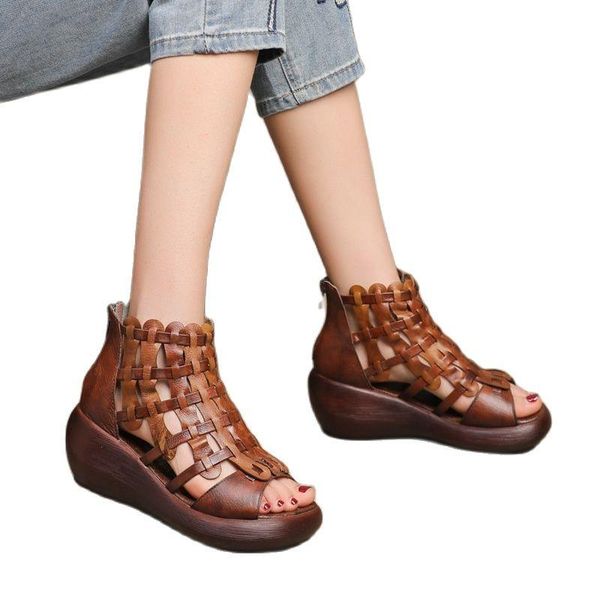 

sandals lw66-2 original handmade leather boots retro national wind woven hollow wipe color thick bottom slope heel women, Black