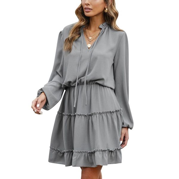 

casual dresses 2021 women long sleeve dress fashion solid color tie-up v-neck high waist short, Black;gray