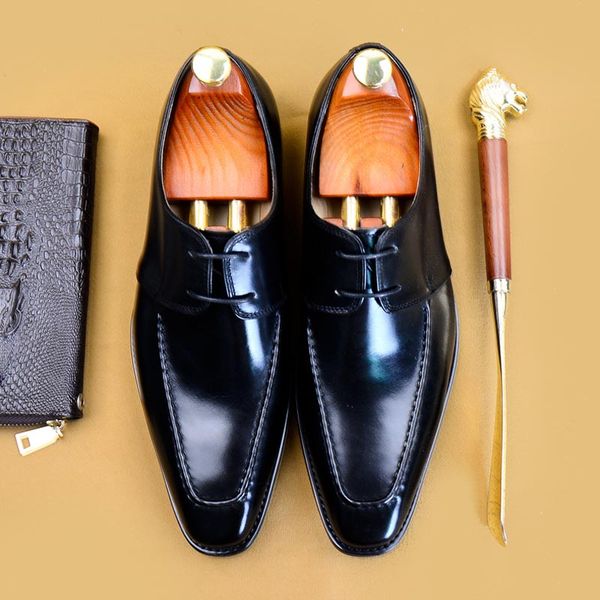 

full grain leather business men dress shoes lace up pointed toe retro oxford office social shoes for men with large size a139, Black