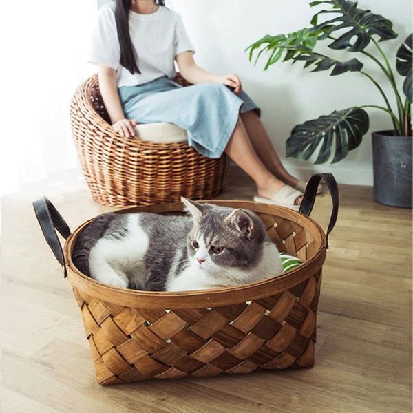 

cat beds & furniture natural straw small medium sofas/beds luxury wooden woven breathable scratch-resistant/wear-resistant dropship
