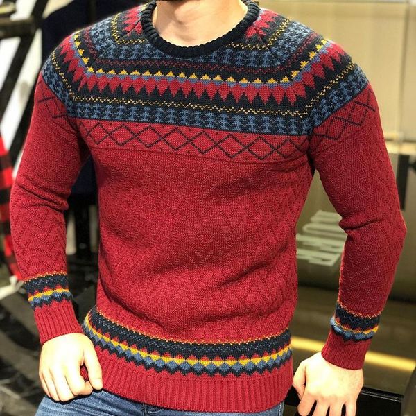 

men's sweaters men warm knitted jacquard jumper street autumn fashion long sleeve sweater male vintage patchwork slim winter round neck, White;black