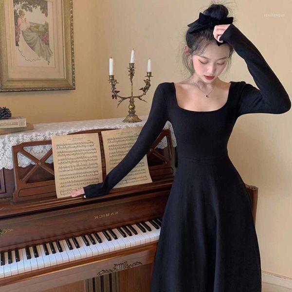 

casual dresses autumn winter elegant long sleeve elastic sweater dress women vintage knitted square collar slim a-line vestidos, Black;gray