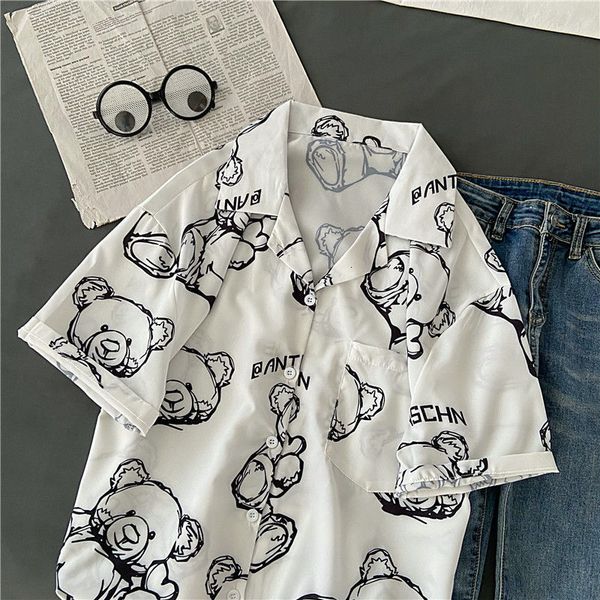 

women's blouses & shirts hawaiian short-sleeve shirt, funny graphic blouse with korean-style printed bear 0bi9, White