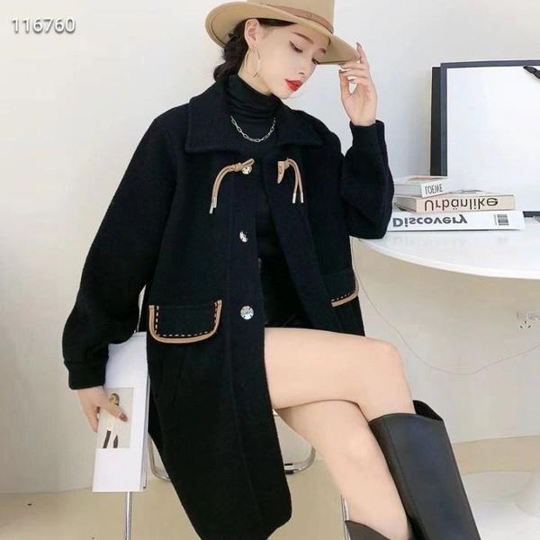 

women's wool & blends 2021 turn-down collar single breasted women coats korean clothing winter coat elegant black