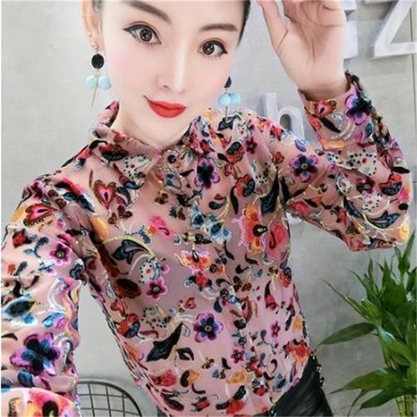 

floral velvet shirts women long sleeve hollow out velvet femme lady leopard blouses shirts 210225, White