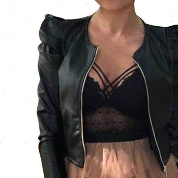 

jacket women zipper short leather jackets coat autumn puff sleeve black outwear coat elegant slim jacket jaqueta feminina d30, Black;brown