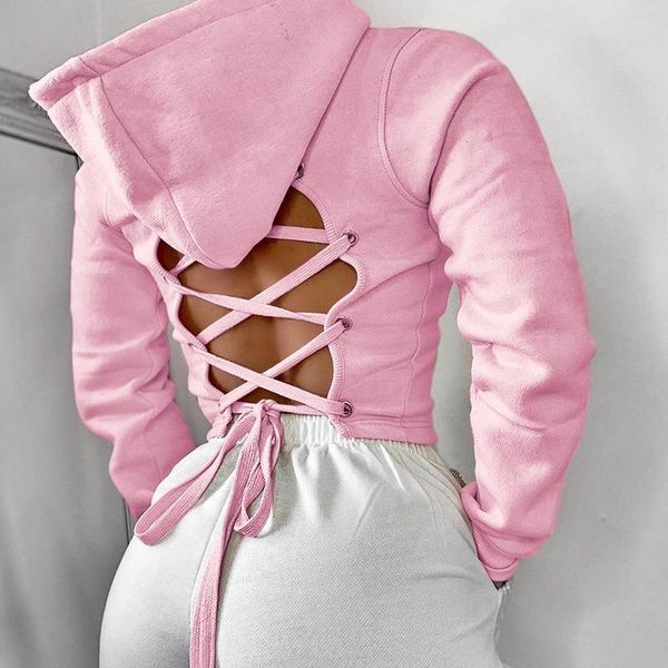 

women's hoodies & sweatshirts black hooded sweatshirt women fall 2021 long sleeves cross bandage halter fashion pink hoodie pullover ca