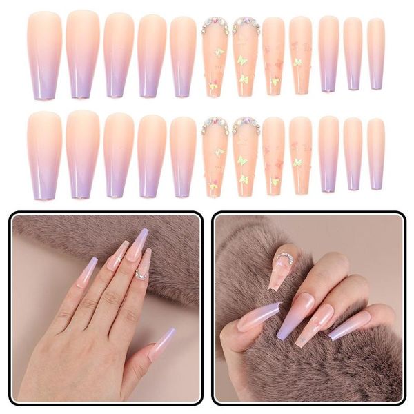 

false nails fashion long paragraph t-shaped ombre full cover ballerina fake nail butterfly pattern, Red;gold