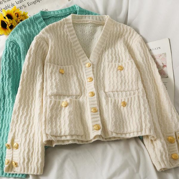 

women's knits & tees autumn casual loose knitted elegant cardigan sweater 2021 big pocket long-sleeved cardigans coat, White