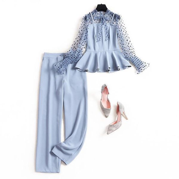 

european casual suit women's 2021 autumn perspective polka dot printed straight pants two-piece two piece set ensemble femme, White