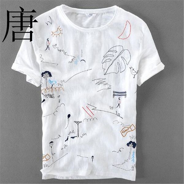 

linen short sleeve 2021 new brand t-shirt men casual loose t shirt mens cartoon embroidery stitching round neck tshirt male oi56, White