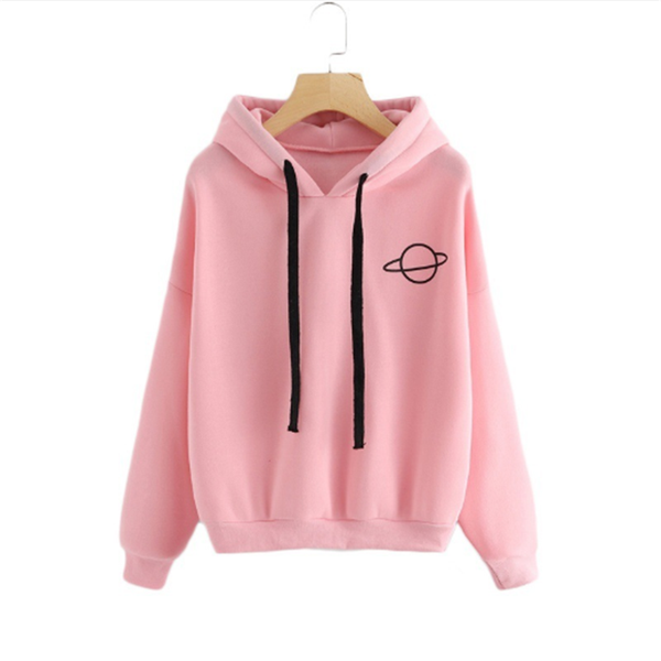 

women's hoodies & sweatshirts loose women hooded casual solid color printing planet long sleeve female pullover, Black