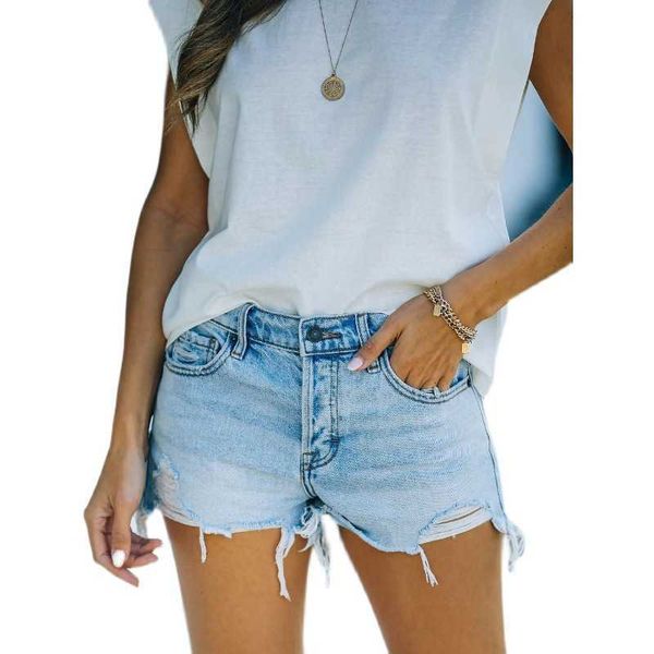 

jeans hole tassel large women's shorts, Blue