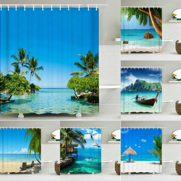 

shower curtains sunny beach seaside printed fabric sea scenery bath screen waterproof products bathroom decor with 12 hooks