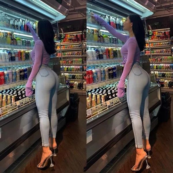 

women's jeans 2021 aesthetic woman high waist tight hip lifting leggings pants fashionable elastic female streetwear women, Blue