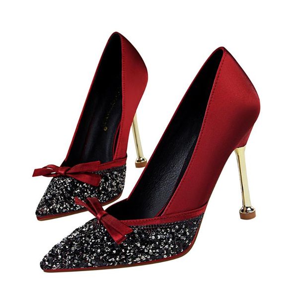 

elegant banquet women's shoes shallow mouth satin pointed toe sequins rhinestone bowtie female pumps party shoes high heels, Black