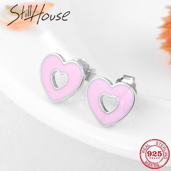 

stud fashion 925 sterling silver earrings pink enamel heart for women authentic original jewelry lucky gift, Golden;silver