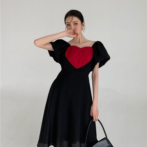 

casual dresses black puff sleeve red heart patchwork summer short a line long ladies tunic women desinger f3uu, Black;gray